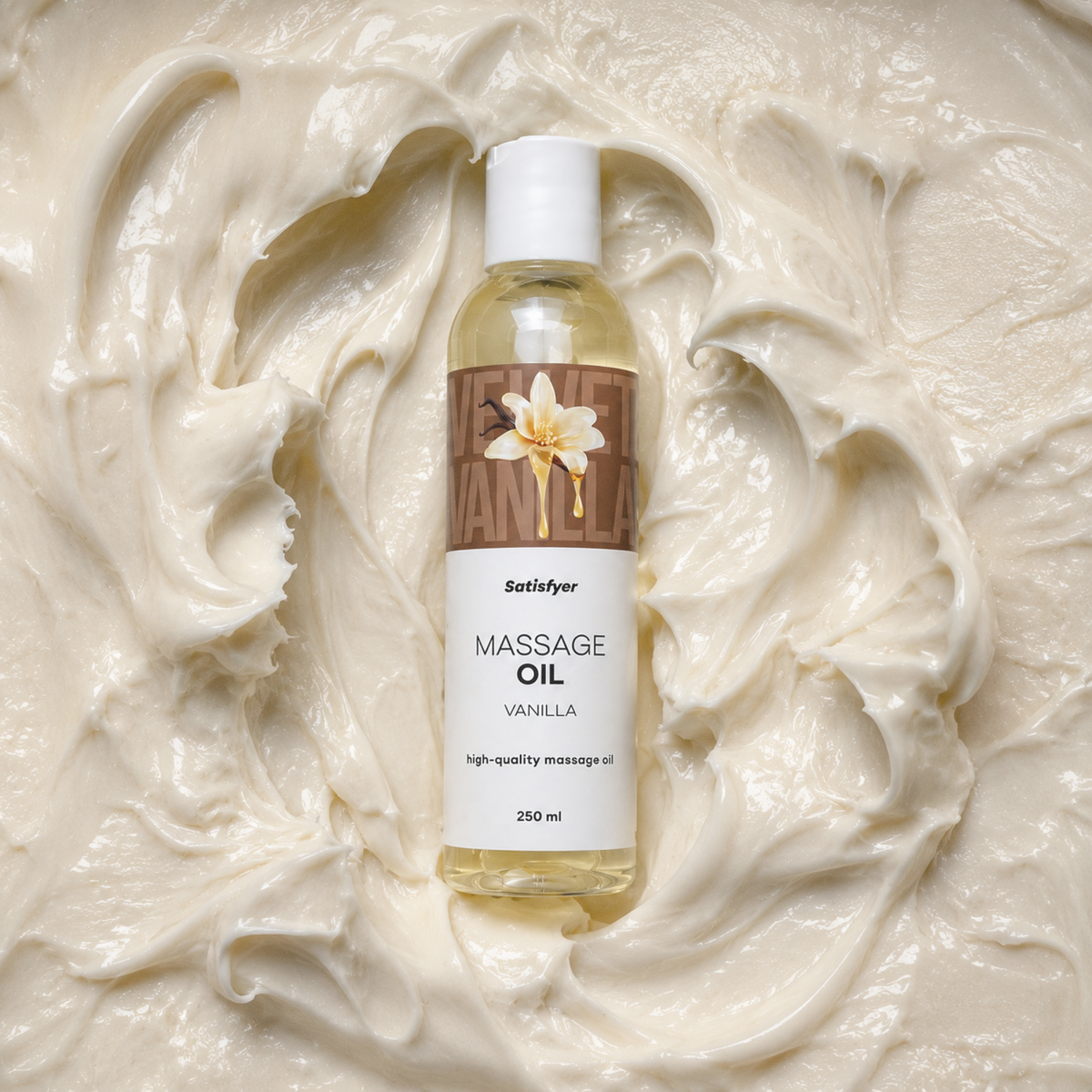 A bottle of Satifyder Vanilla Massage Oil centered on a background of whipped cream swirls, with a vanilla flower graphic on the label.