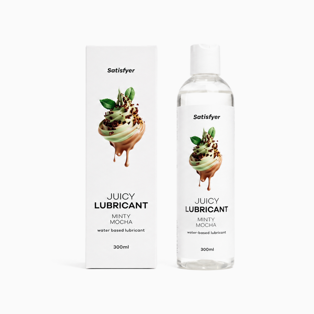 A bottle of Satisfyer Juicy Lubricant Minty Mocha next to its white packaging box, featuring a chocolate and mint swirl graphic on a clean white background.