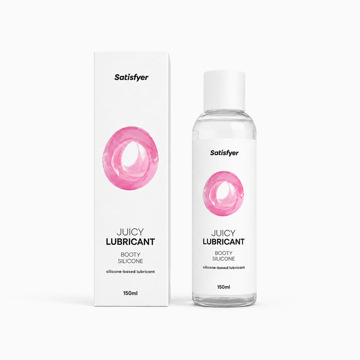 A bottle of Satisfyer Juicy Lubricant silicone-based lubricant next to its white packaging box, both featuring a pink donut graphic on a clean white background.