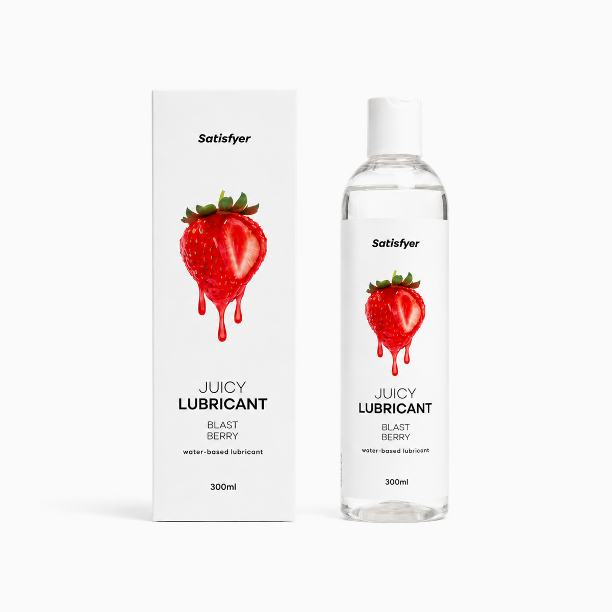 A bottle and box of Satisfyer Juicy Lubricant in Blast Berry, featuring a graphic of a dripping red strawberry on a white background.